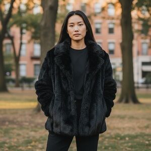 Vintage Tally Ho Women Black Faux Fur Coat Reversible Silk M Jacket Mobwife